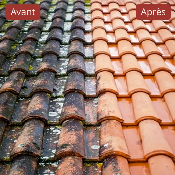 Avant / après d’un nettoyage de toiture par drone : tuiles démoussées et désoxydées