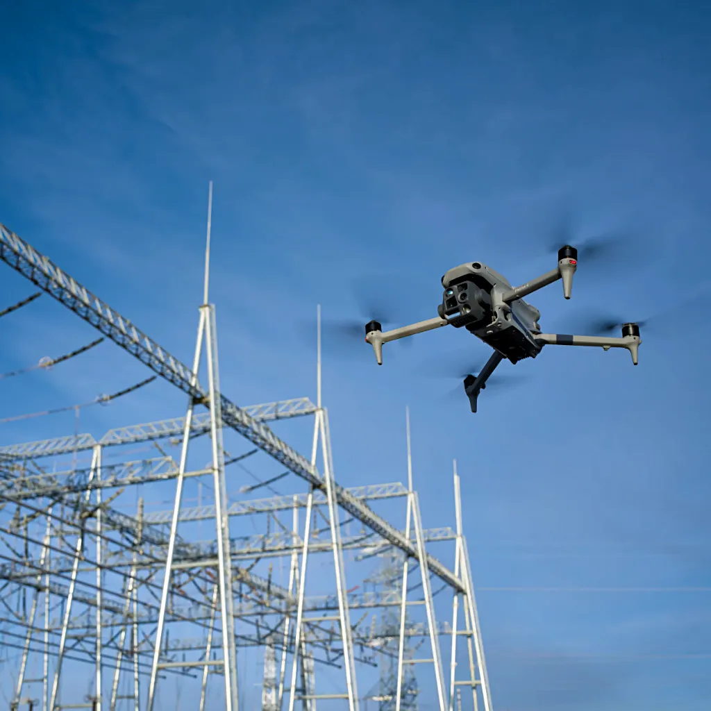 Drone inspectant un poste électrique et des lignes haute tension