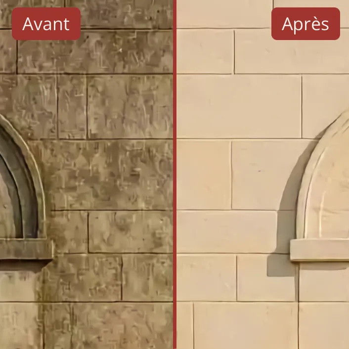 Avant/Après : nettoyage de façade en pierre par drone, dépôts urbains et algues éliminés, support respecté