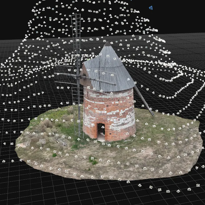 Modélisation 3D texturée d’un moulin avec positions de prises de vue