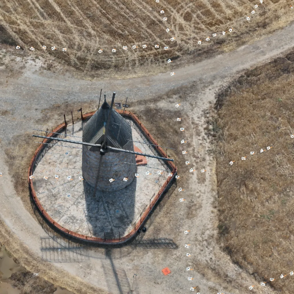 Photogrammétrie par drone d’un moulin : vue zénithale avec positions des prises de vue pour modèle 3D